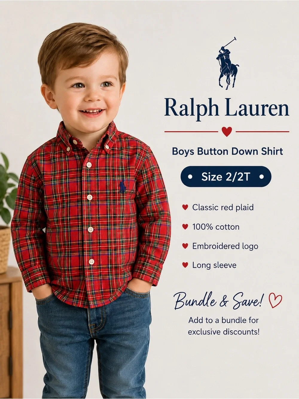 Ralph Lauren Red Plaid Button Down Shirt Boys Size 2/2T